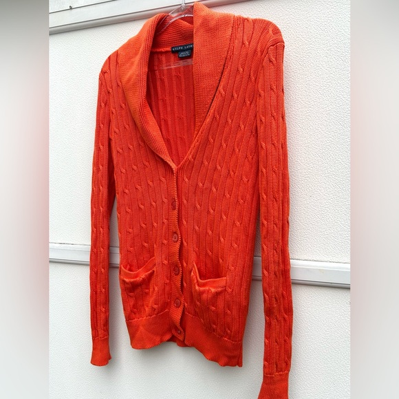 Ralph Lauren Cardigan Sweater Women M Orange Cable Knit 100% Pima Cotton Pockets - Picture 10 of 13